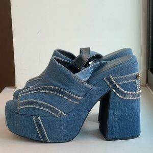 Jeffrey Campbell denim platform sandals, size 7, heel 4”, platform 1.5”